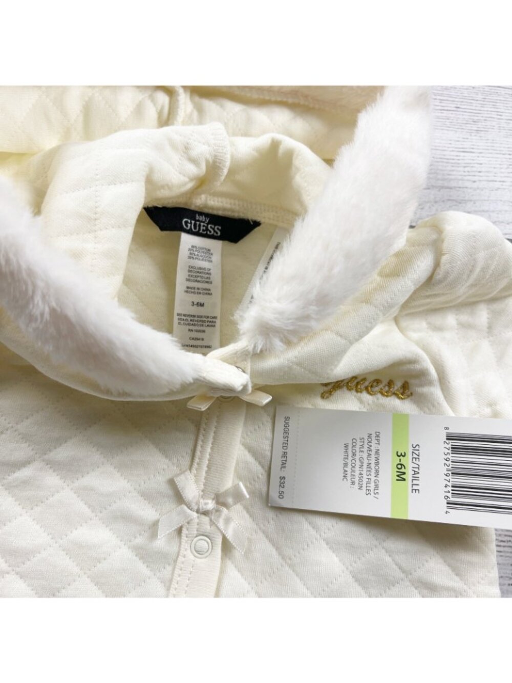 Guess Baby Girls Quilted Bunting Faux Fur Hood Footed Outfit NWT 3-6 Months - Picture 2 of 3